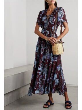 LA LIGNE Tiered Floral-print Chiffon Midi Dress In Burgundy